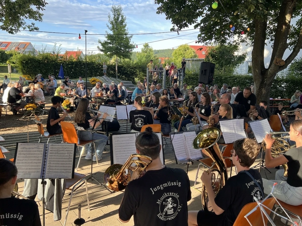 Das Jugendorchester des Musikvereins Kollmarsreute spielt im Freien mit Blechblasinstrumenten und Noten vor Publikum